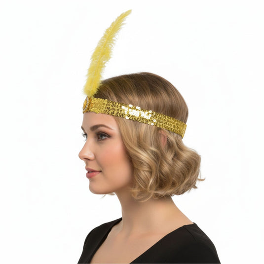 1920s FLAPPER HEADBAND Headpiece Feather Sequin Charleston Costume Gatsby Dance - Yellow-2