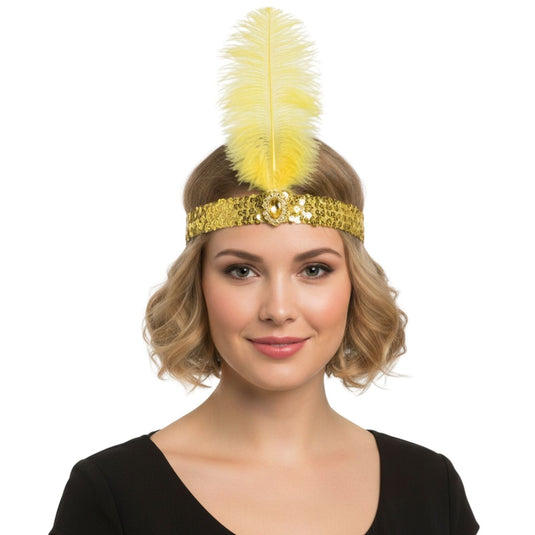1920s FLAPPER HEADBAND Headpiece Feather Sequin Charleston Costume Gatsby Dance - Yellow-1
