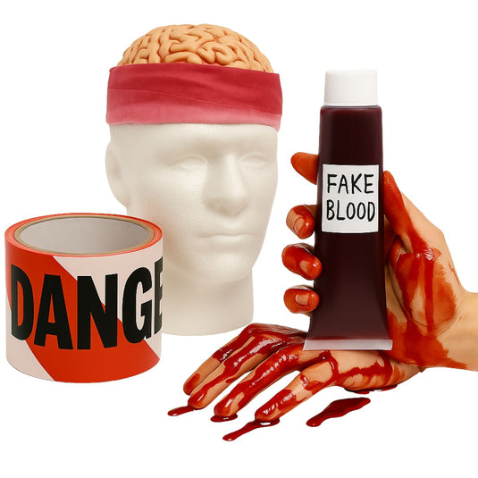 3pc Halloween Costume Set Zombie Brain Skull Cap + Fake Blood Gel & Danger Tape-0
