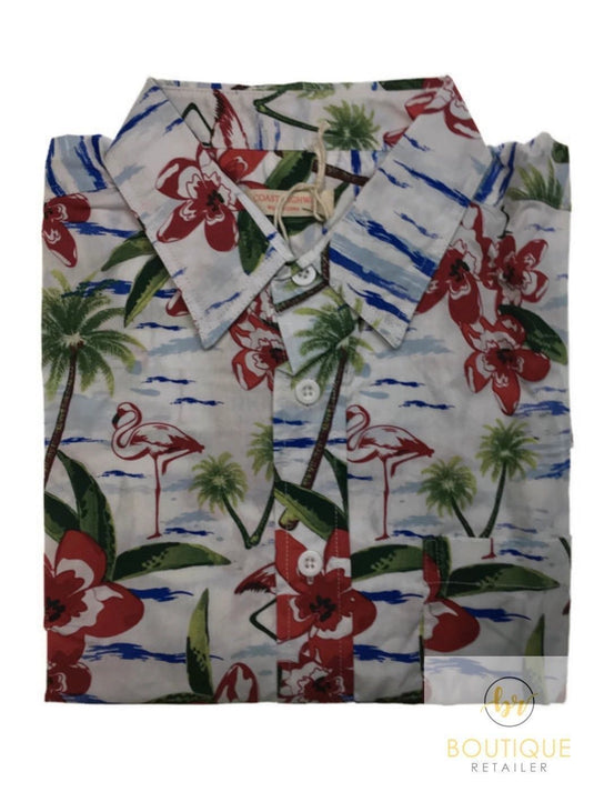 Mens Oahu Hawaiian Party Shirt Button Hippie Tops Short Sleeve Beach Holiday - Beach Flamingo (1428)-3