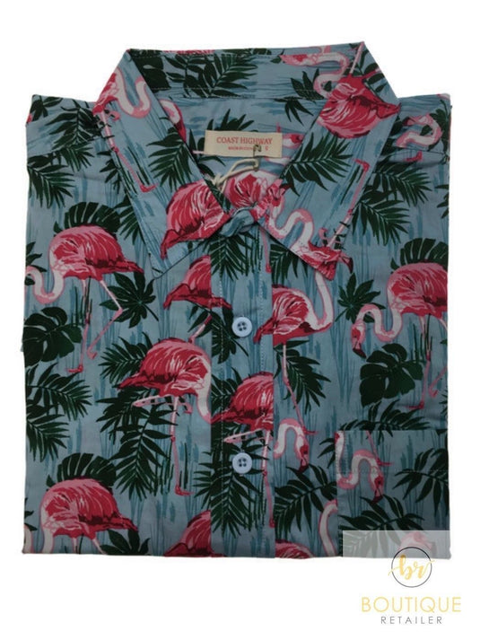 Mens Oahu Hawaiian Party Shirt Button Hippie Tops Short Sleeve Beach Holiday - Flamingo Feeding-3