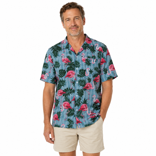 Mens Oahu Hawaiian Party Shirt Button Hippie Tops Short Sleeve Beach Holiday - Flamingo Feeding-1