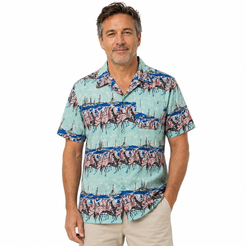 Load image into Gallery viewer, Mens Oahu Hawaiian Party Shirt Button Hippie Tops Short Sleeve Beach Holiday - Flamingo On Shore-0
