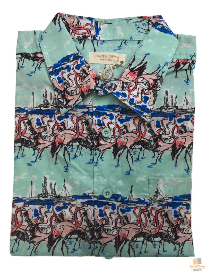 Load image into Gallery viewer, Mens Oahu Hawaiian Party Shirt Button Hippie Tops Short Sleeve Beach Holiday - Flamingo On Shore-3
