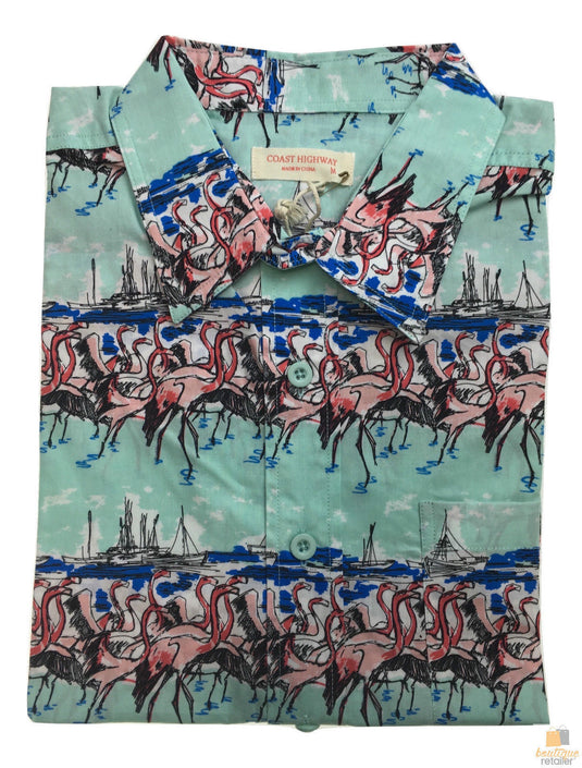 Mens Oahu Hawaiian Party Shirt Button Hippie Tops Short Sleeve Beach Holiday - Flamingo On Shore-3