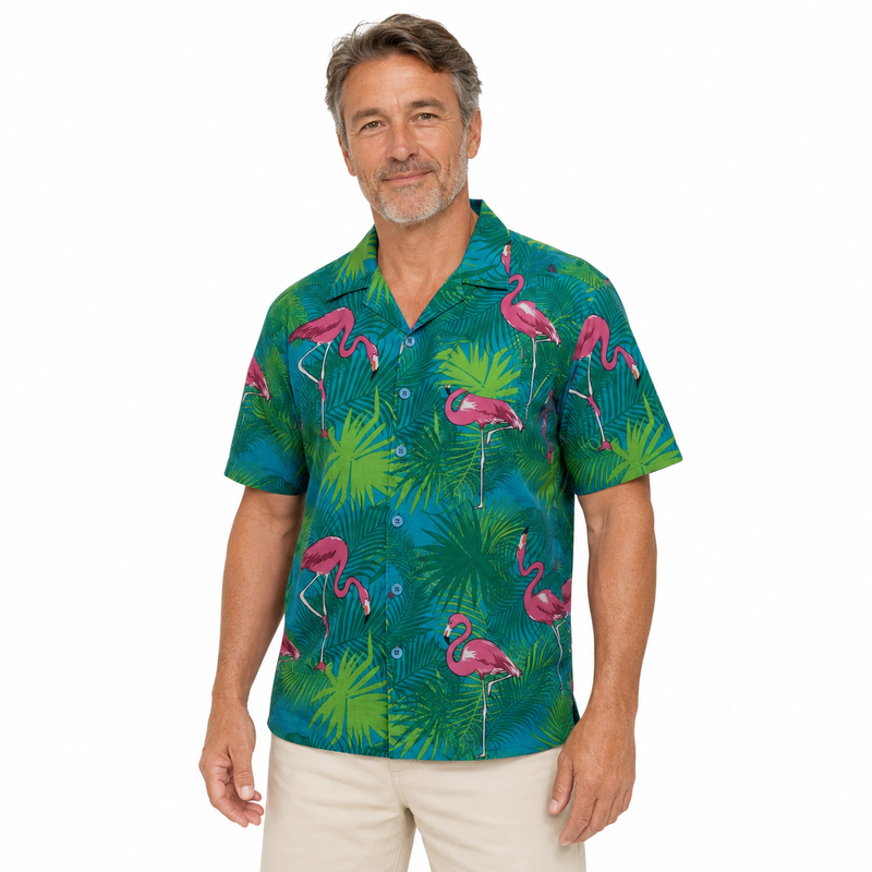 Load image into Gallery viewer, Mens Oahu Hawaiian Party Shirt Button Hippie Tops Short Sleeve Beach Holiday - Palm Flamingo-0
