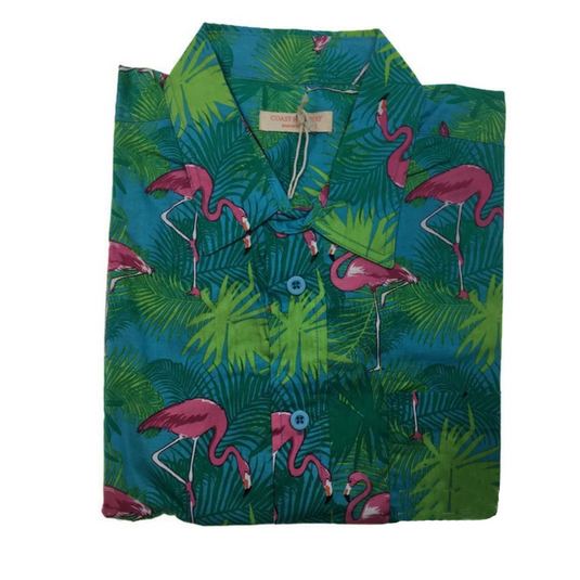 Mens Oahu Hawaiian Party Shirt Button Hippie Tops Short Sleeve Beach Holiday - Palm Flamingo-3