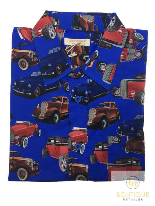 Mens Oahu Hawaiian Party Shirt Button Hippie Tops Short Sleeve Beach Holiday - Vintage Car-5