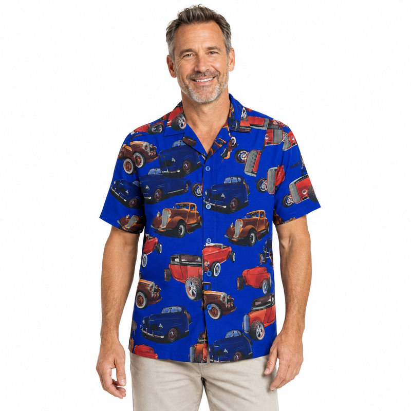 Load image into Gallery viewer, Mens Oahu Hawaiian Party Shirt Button Hippie Tops Short Sleeve Beach Holiday - Vintage Car-0
