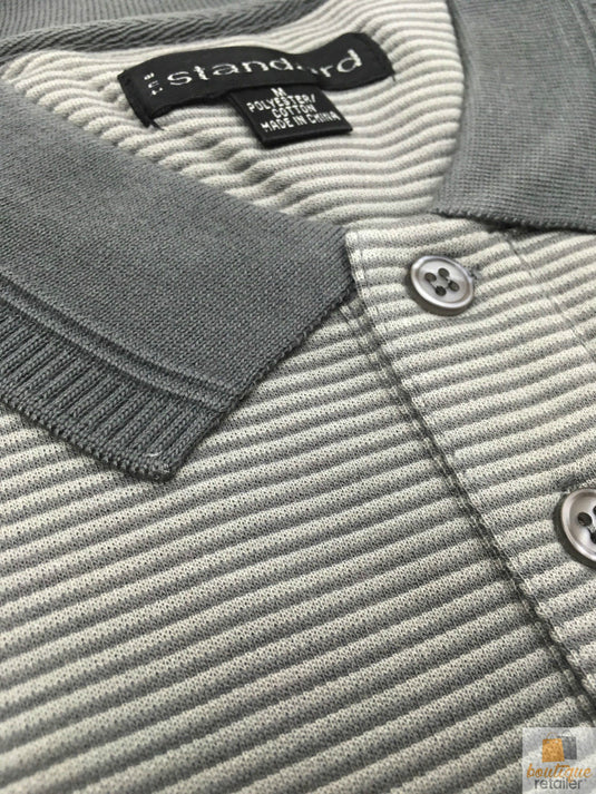Short Sleeve Polo Shirt Top Short Sleeve Quality Loose Fit Adults Striped - Charcoal/Light Grey - M-2