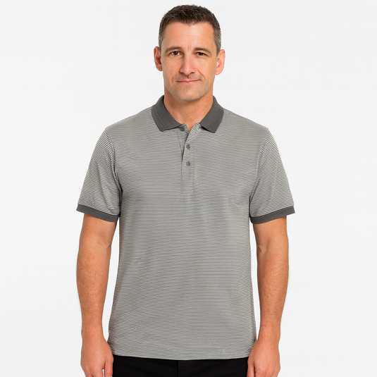 Short Sleeve Polo Shirt Top Short Sleeve Quality Loose Fit Adults Striped - Charcoal/Light Grey - M-1