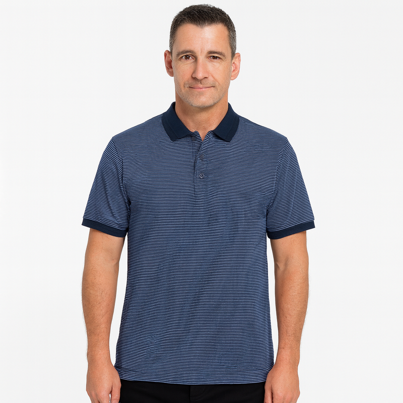 Load image into Gallery viewer, Short Sleeve Polo Shirt Top Short Sleeve Quality Loose Fit Adults Striped - Navy/Storm - M-0
