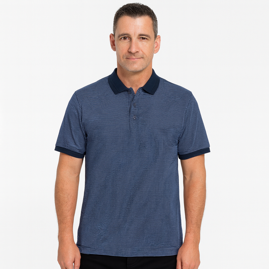 Short Sleeve Polo Shirt Top Short Sleeve Quality Loose Fit Adults Striped - Navy/Storm - M-1