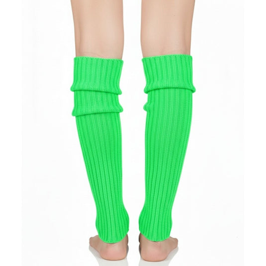 Pair of Womens Leg Warmers Disco Winter Knit Dance Party Crochet Legging Socks Costume - Fluro Green-2