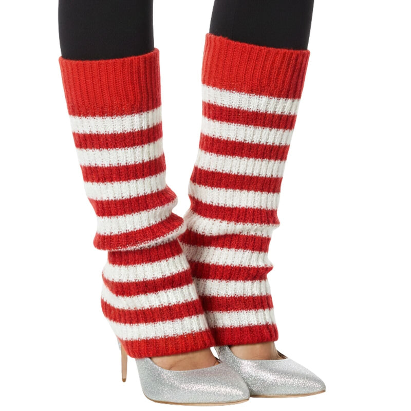 Load image into Gallery viewer, Pair of Womens Leg Warmers Disco Winter Knit Dance Party Crochet Legging Socks Costume - Red/White Stripe-1
