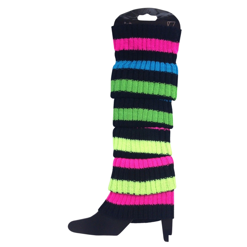 Load image into Gallery viewer, Pair of Womens Leg Warmers Disco Winter Knit Dance Party Crochet Legging Socks Costume - Rainbow with Black Stripe-0
