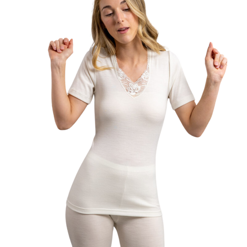 Load image into Gallery viewer, Womens Thermals Underwear Short Sleeve Merino Wool Blend Top Lace Motif - Beige-1
