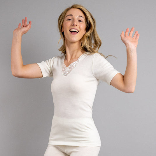 Womens Thermals Underwear Short Sleeve Merino Wool Blend Top Lace Motif - Beige-4