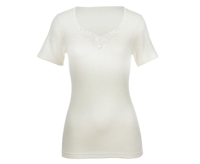 Load image into Gallery viewer, Womens Thermals Underwear Short Sleeve Merino Wool Blend Top Lace Motif - Beige-3
