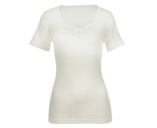 Womens Thermals Underwear Short Sleeve Merino Wool Blend Top Lace Motif - Beige-3