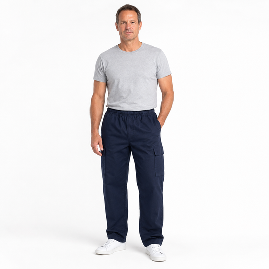 Mens CARGO PANTS Trousers Elastic Waist 100% COTTON Army Military PLAIN Casual - Navy-2