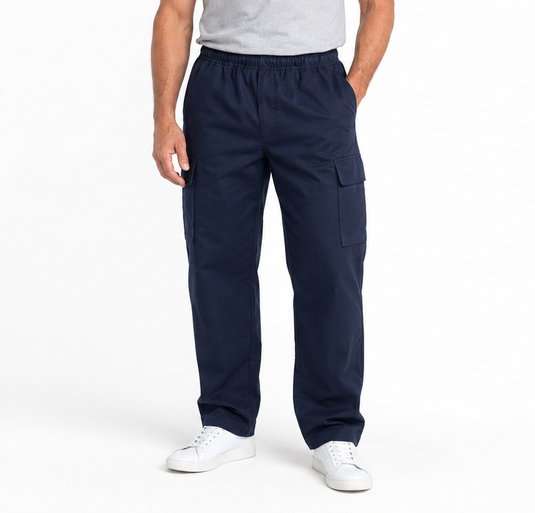 Mens CARGO PANTS Trousers Elastic Waist 100% COTTON Army Military PLAIN Casual - Navy-0