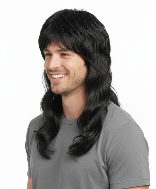 MULLET WIG 80s Fancy Dress Mens Party Costume Rock Bogan Accessory Punk 70s 90s - Black (Longer)-1