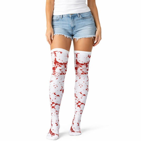 Over Knee Stay Up Stockings Hosiery Party Costume Socks - Fake Blood Splash-1