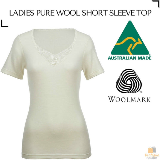 100% Pure Merino Wool Womens Short Sleeve Thermal Top Woolmark Thermals Fleece-1