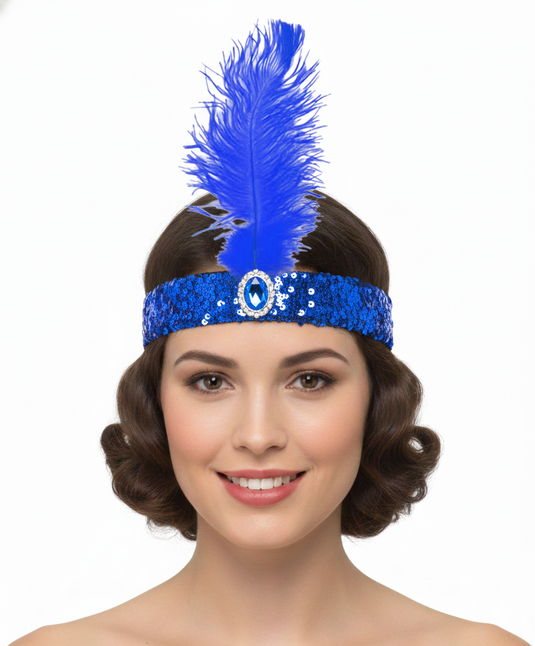WIDE FLAPPER HEADBAND Feather Sequin Costume Gatsby Charleston Headpiece 1920s - Blue-2