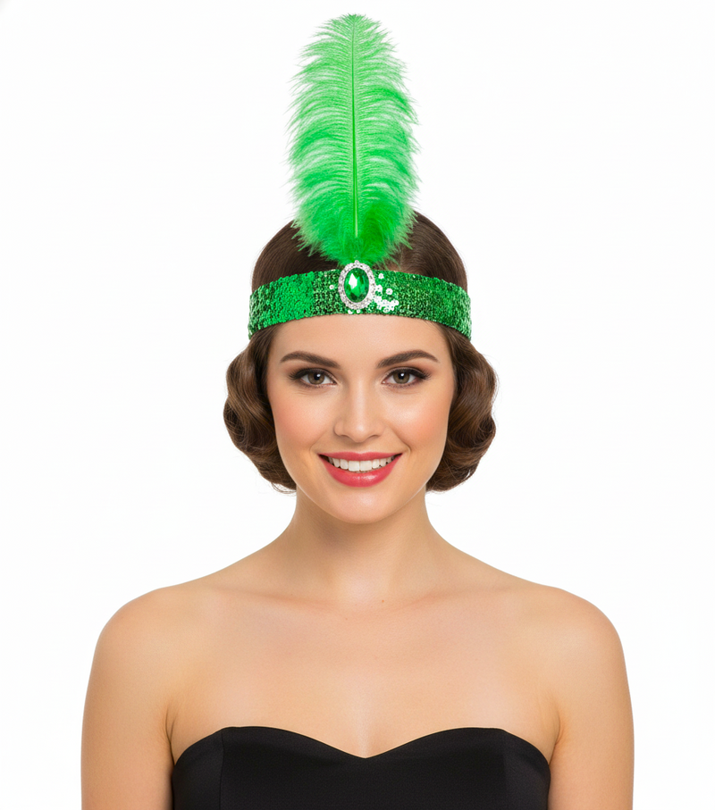 Load image into Gallery viewer, WIDE FLAPPER HEADBAND Feather Sequin Costume Gatsby Charleston Headpiece 1920s - Green-2
