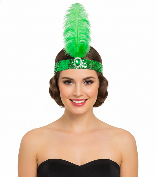 WIDE FLAPPER HEADBAND Feather Sequin Costume Gatsby Charleston Headpiece 1920s - Green-2