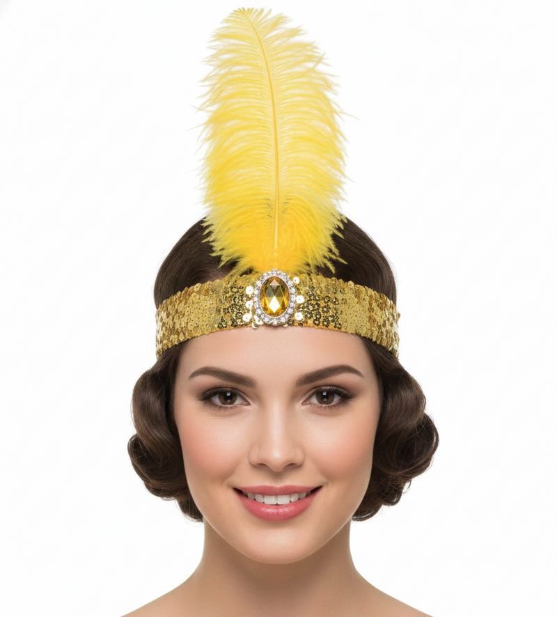 Load image into Gallery viewer, WIDE FLAPPER HEADBAND Feather Sequin Costume Gatsby Charleston Headpiece 1920s - Orange-2
