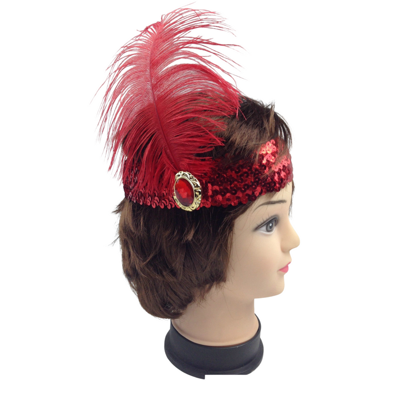 Load image into Gallery viewer, WIDE FLAPPER HEADBAND Feather Sequin Costume Gatsby Charleston Headpiece 1920s - Red-2
