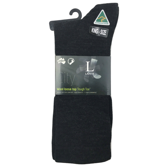 AUSTRALIAN MADE Wool Loose Top Socks Wide Top Comfort High Quality Tough Toe - Charcoal - 6-10-0