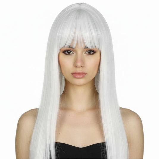 LONG WIG Straight Party Hair Costume Fringe Cosplay Fancy Dress 70cm Womens - White (22451)-1