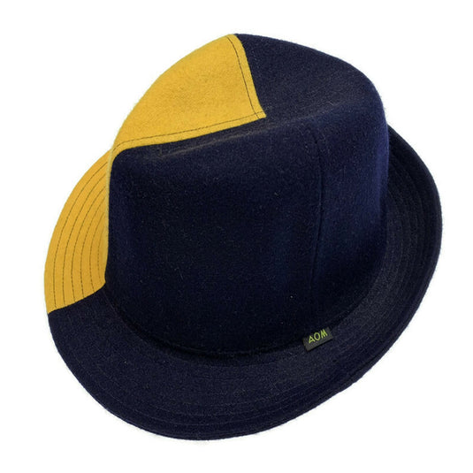 Mens Wool Trilby Hat Warm Winter Fedora Brim - Yellow/Navy Blue-3