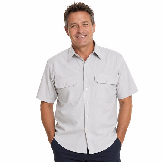 BISLEY SHORT SLEEVE SHIRT Everyday Casual Business Work Cotton Blend Check in Grey (Size Small)-1