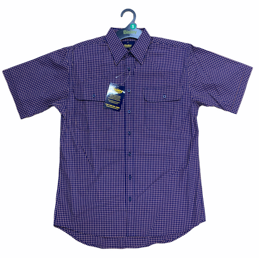 Bisley Mens Short Sleeve Check Shirt Checkered Cotton Blend Casual Business Work - Navy-1