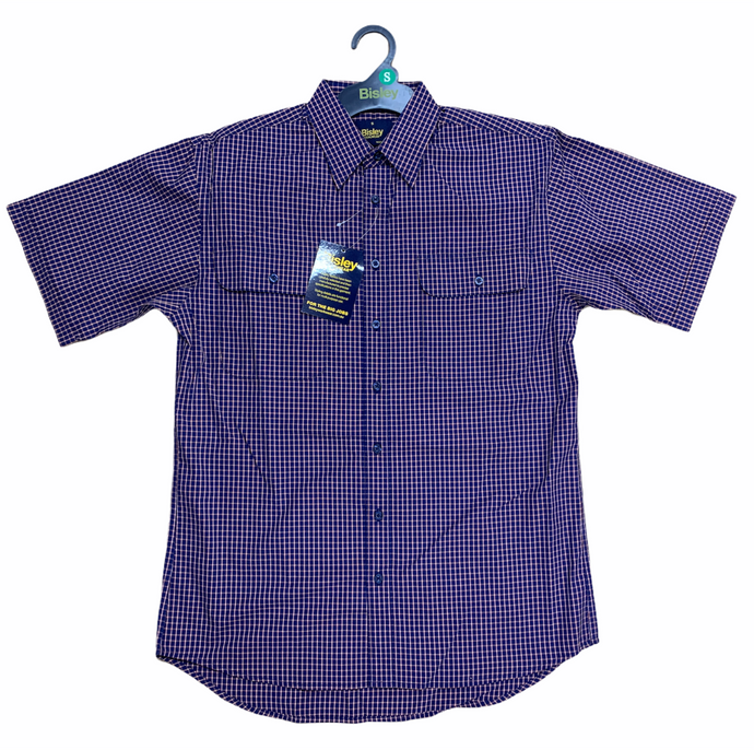 Bisley Mens Short Sleeve Check Shirt Checkered Cotton Blend Casual Business Work - Navy-0