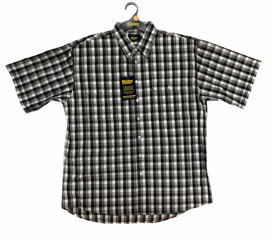 Bisley Mens Short Sleeve Shirt Checkered Cotton Blend Casual Business Work - Grey-1