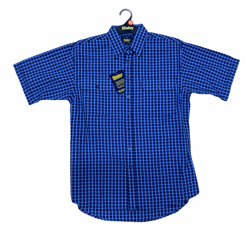 Load image into Gallery viewer, Bisley Mens Short Sleeve Seersucker Shirt Checkered Cotton Blend Casual Business Work - Blue-1
