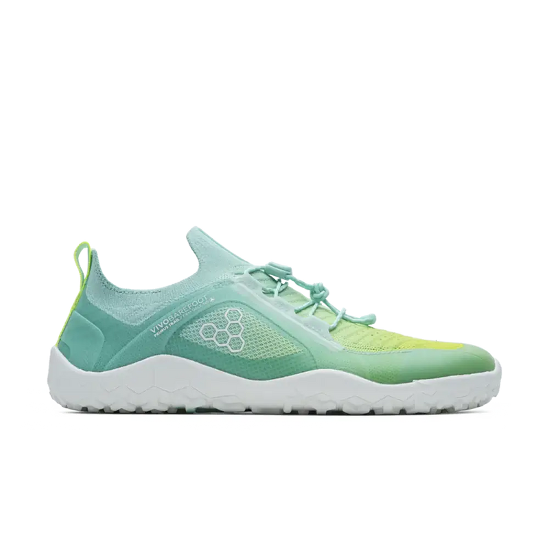 Load image into Gallery viewer, Vivobarefoot Primus Trail Knit FG Womens Beach Glass, breathable knit upper, firm ground outsole trail-running sneaker, green and white.
