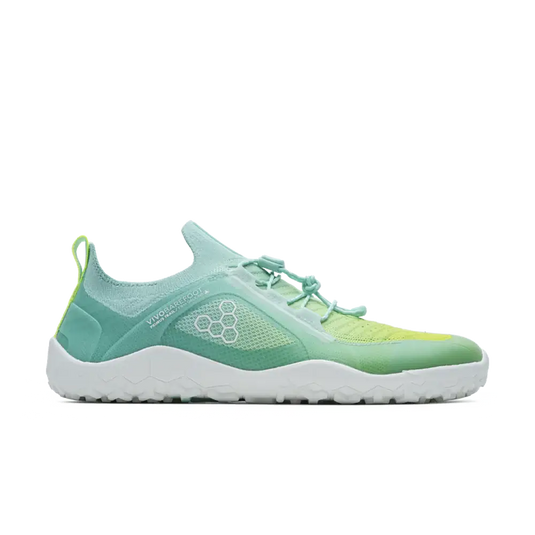 Vivobarefoot Primus Trail Knit FG Womens Beach Glass, breathable knit upper, firm ground outsole trail-running sneaker, green and white.