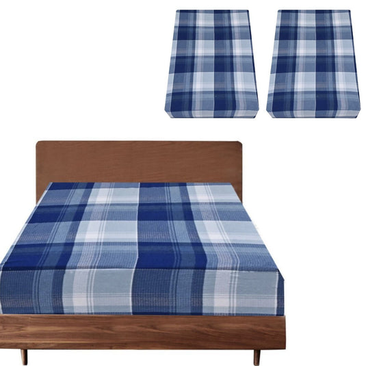 2x Queen Luxury 100% Cotton Flannelette Fitted Bed Sheet - Blue Check Print-1