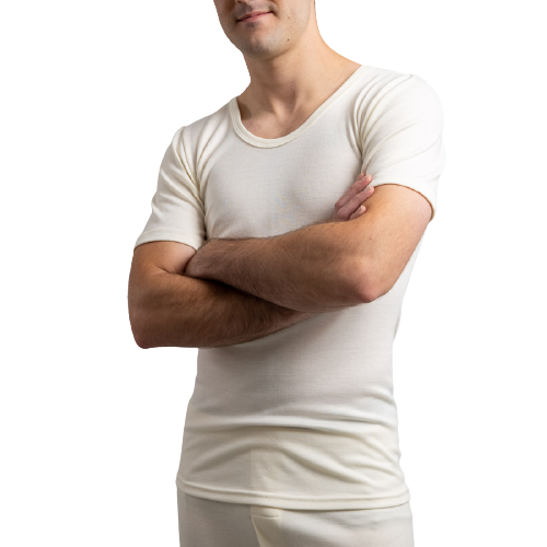 Mens Merino Wool Blend Short Sleeve Thermal Top Underwear Thermals Base Layer - Natural-0