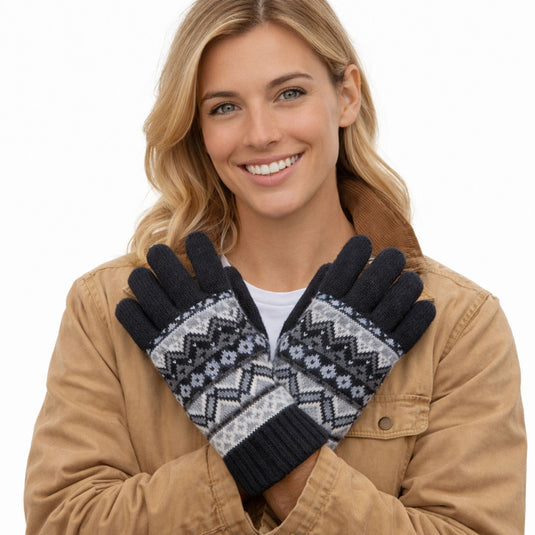 Dents Womens Fair Isle Knit Gloves Fleece Lined Winter Warm - Black/Winter White-1