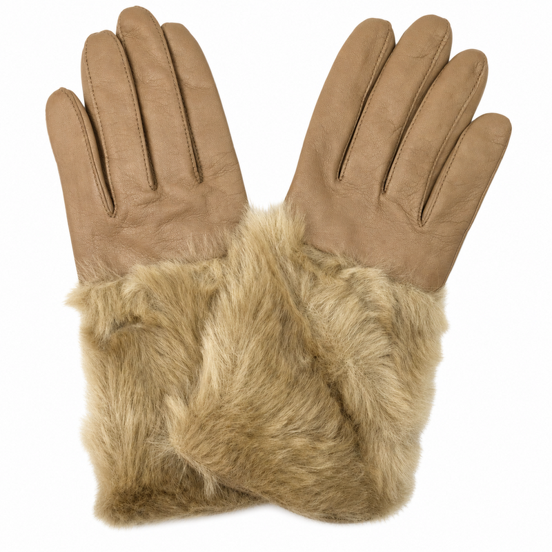 Load image into Gallery viewer, DENTS Womens Hair Sheep Leather Gloves Faux Fur Piped Cuff Elasticised - Almond/Camel-1
