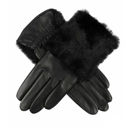 DENTS Womens Hair Sheep Leather Gloves Faux Fur Piped Cuff Elasticised 7-2383-5