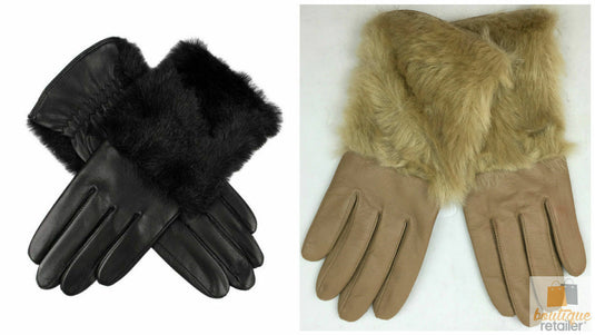 DENTS Womens Hair Sheep Leather Gloves Faux Fur Piped Cuff Elasticised 7-2383-3